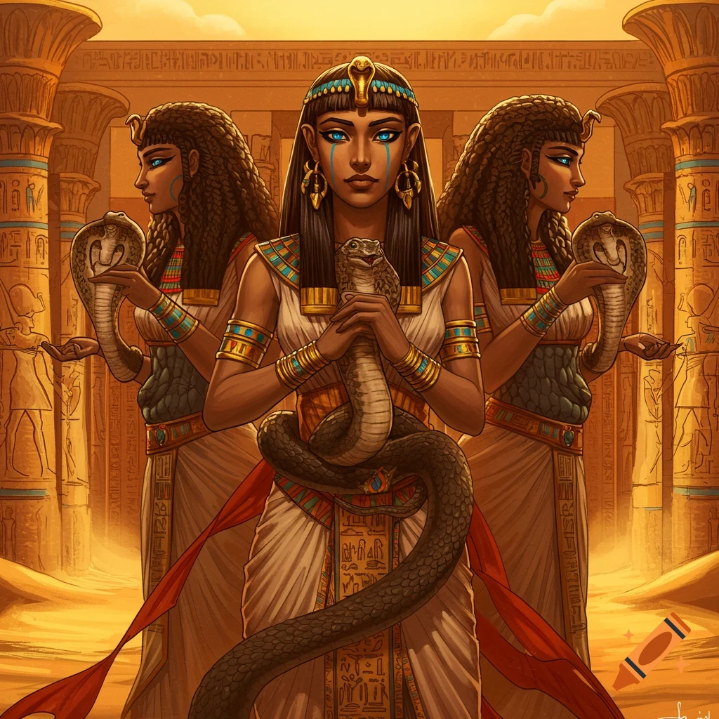 Three women in ancient Egyptian attire are holding snakes in a temple.