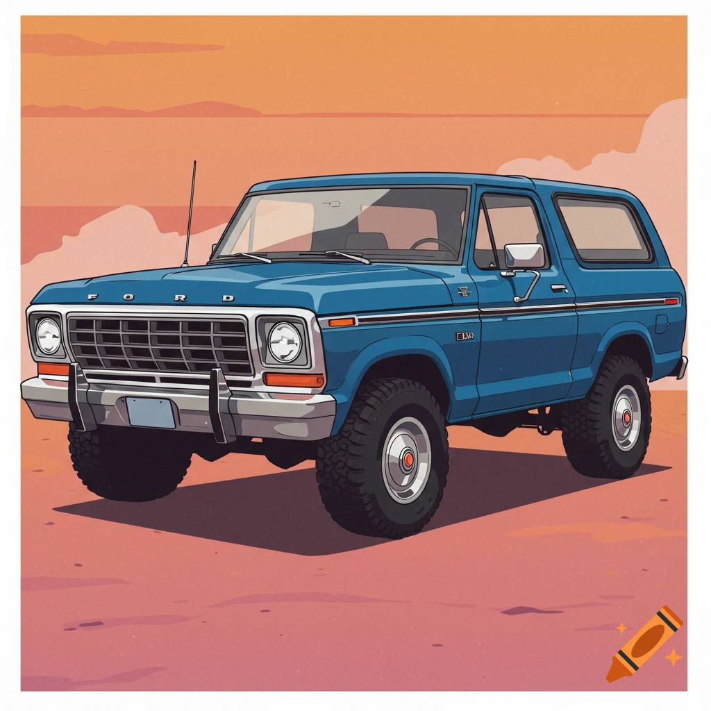 Blue 1979 Ford Bronco parked in a desert landscape, vector art style.