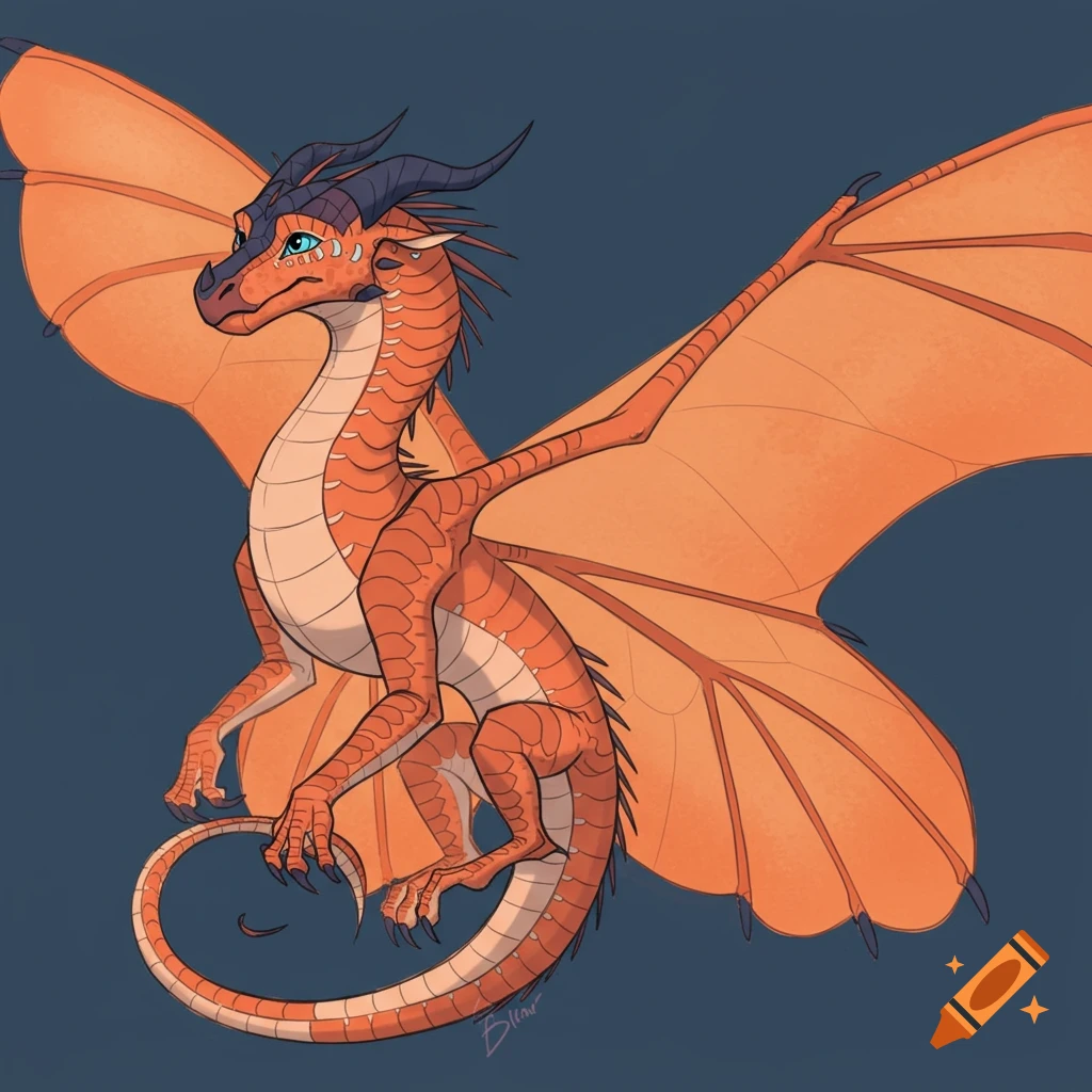 An orange and blue fantasy dragon with large wings in flight.