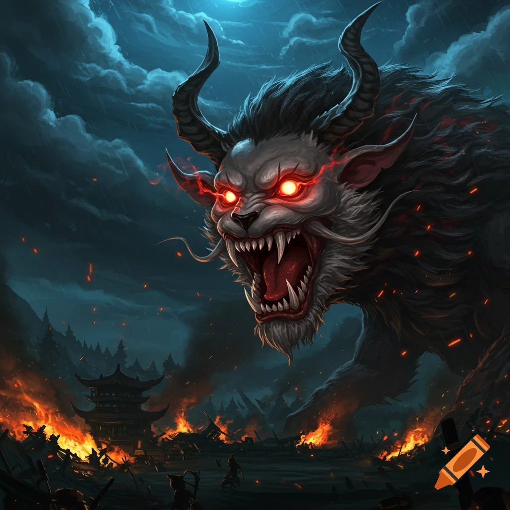 A large monster with red eyes and horns roars over a burning village at night.