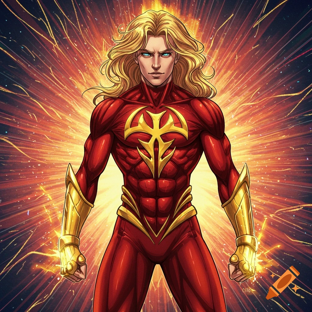 A male superhero in a red and gold suit stands against a fiery explosion background in a comic book style.