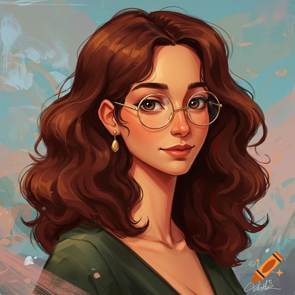 A portrait of a woman with brown wavy hair and glasses.