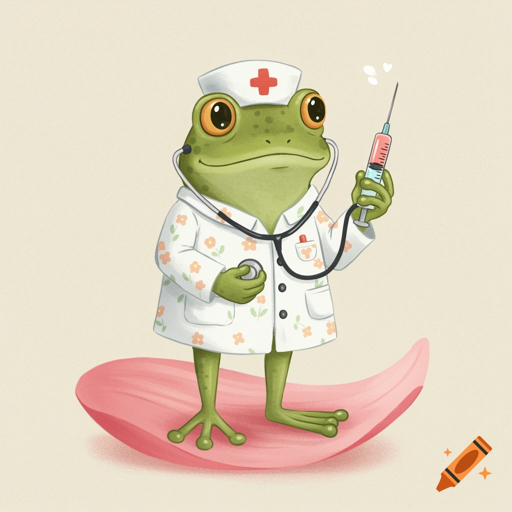 Whimsical cartoon illustration of a frog nurse with stethoscope and syringe standing on a pink petal.