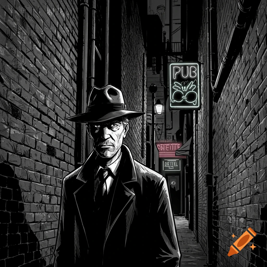 Black and white comic art of a detective in a fedora and trench coat standing in a dark alley with neon signs.