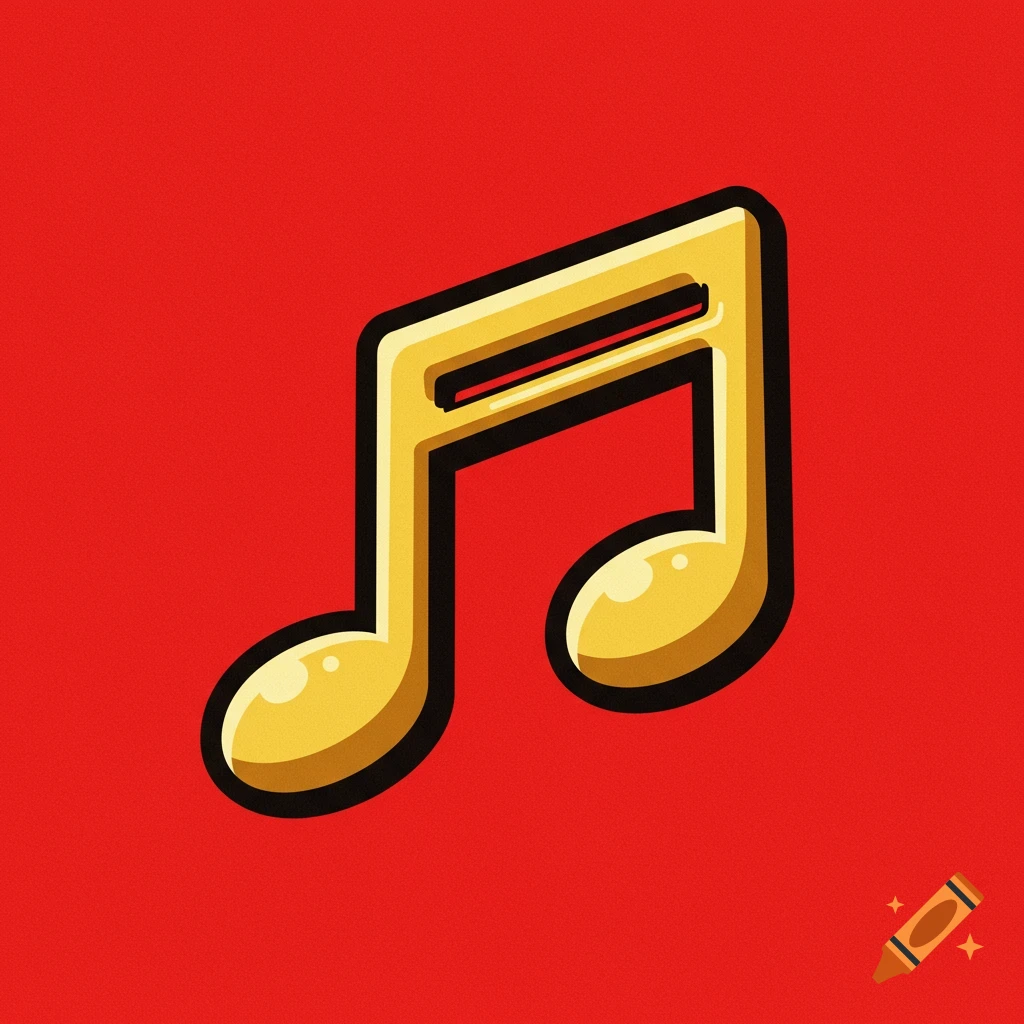 A golden musical note on a bright red background.