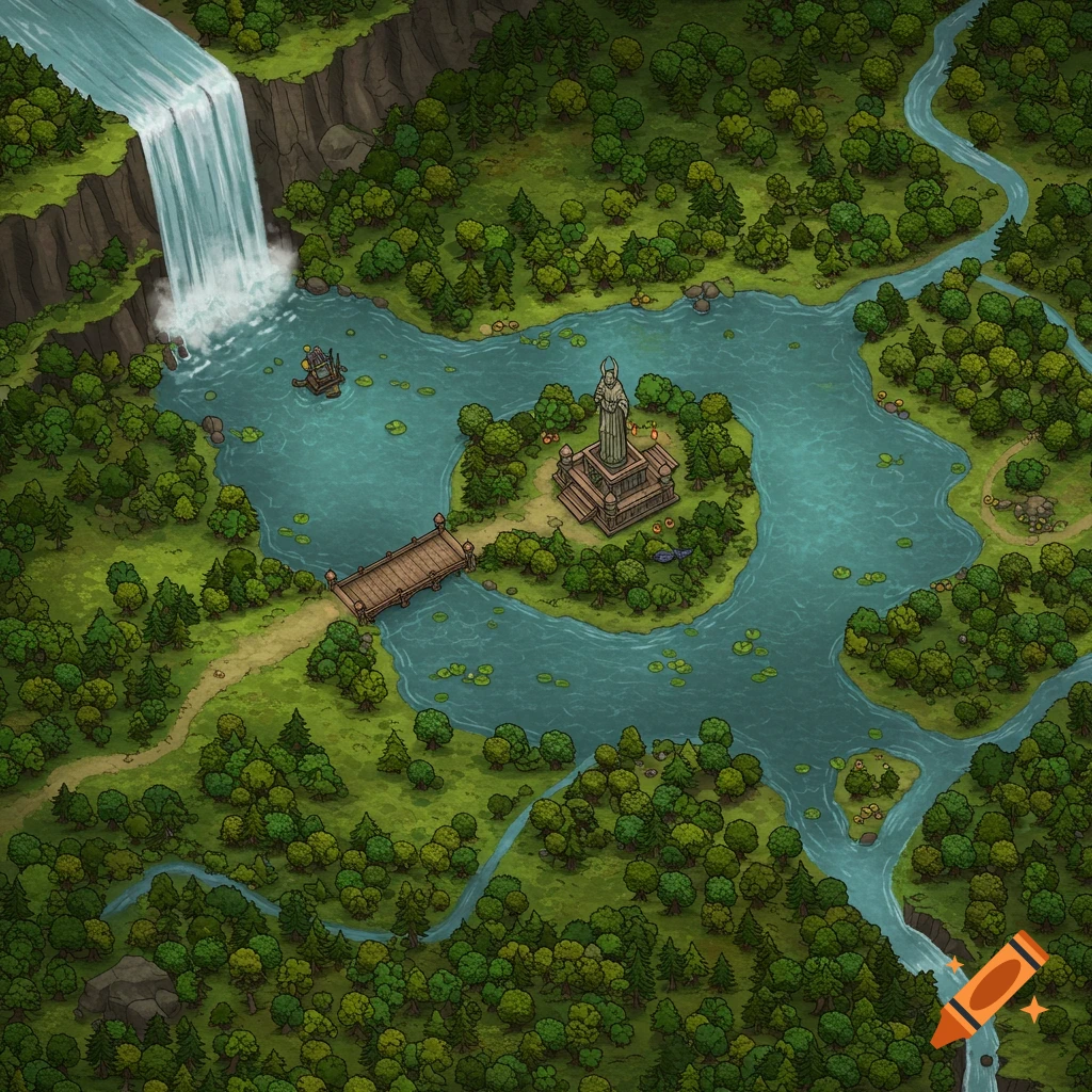 A hand-drawn fantasy map showing a lake, island with a statue, waterfall, bridge, and forests.