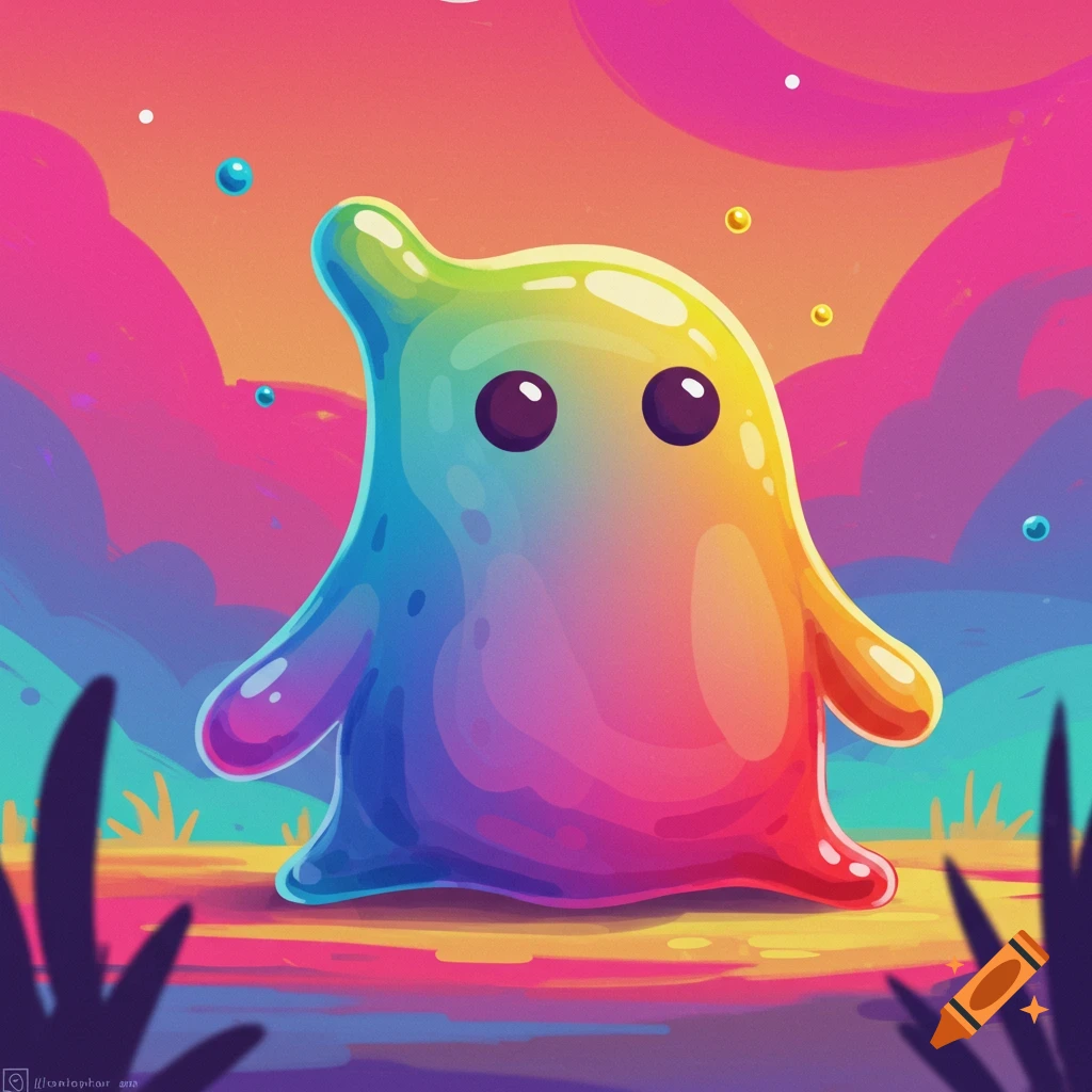 A rainbow-colored blob creature stands in a colorful, abstract landscape.