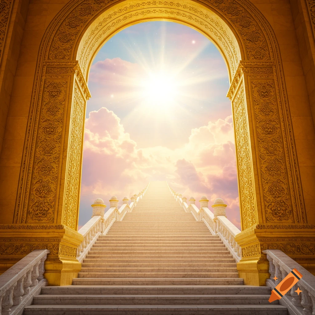 Golden archway frames marble stairs ascending towards a bright sun in a cloudy sky.