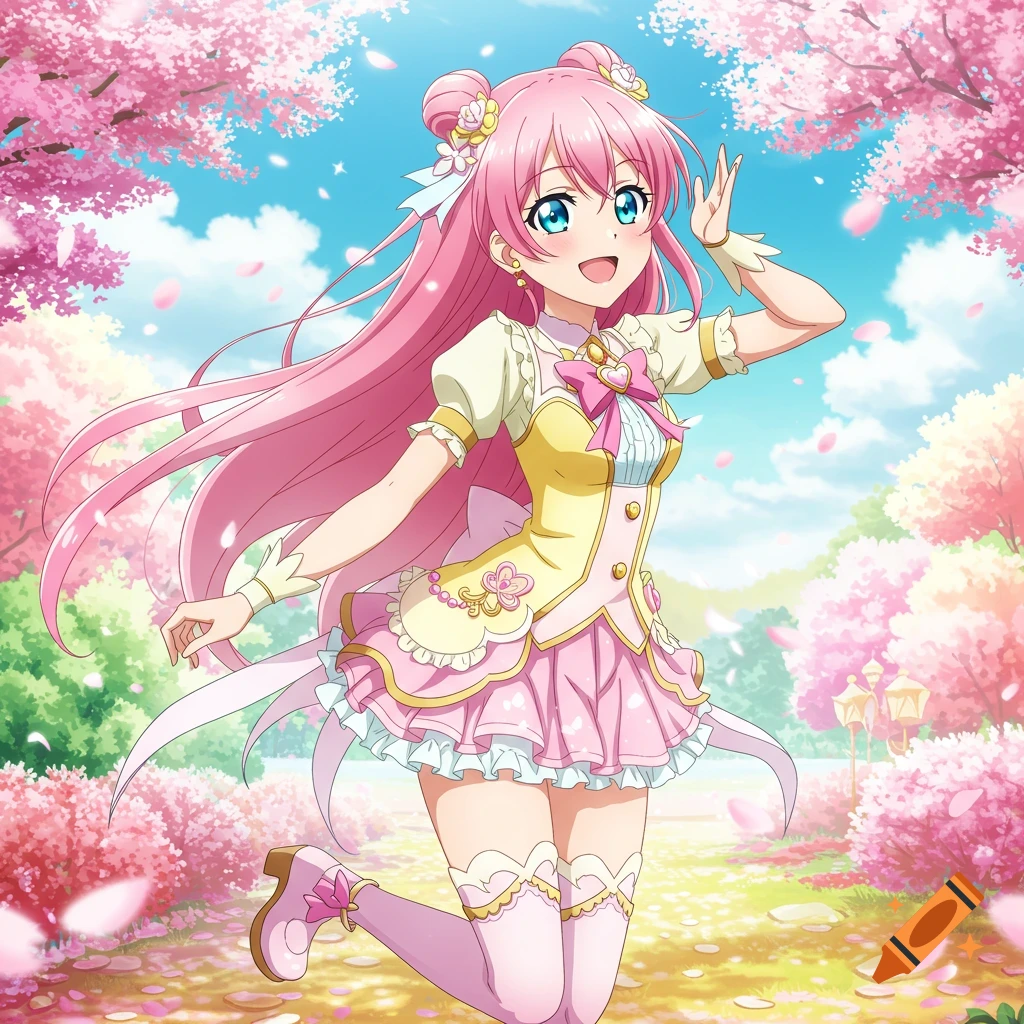 Anime girl jumping among pink cherry blossoms