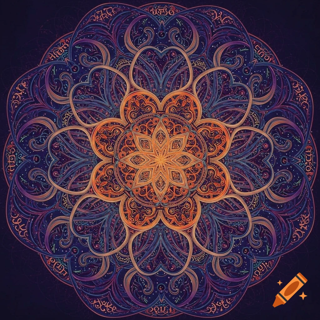A colorful, intricate mandala pattern with orange and blue details on a dark background.