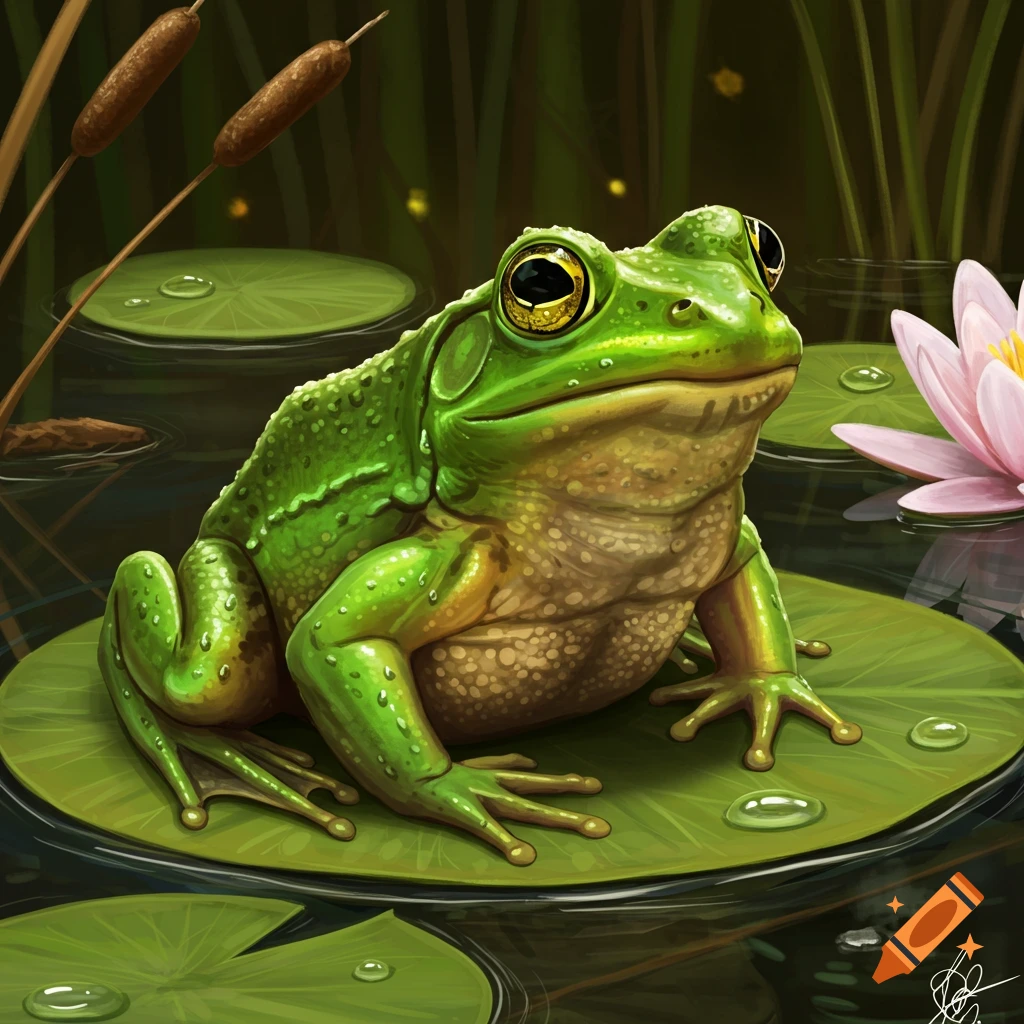 A vibrant green bullfrog sits on a lily pad in a pond with a pink water lily and cattails.