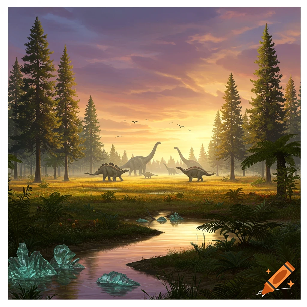 Dinosaurs in a prehistoric landscape at sunset