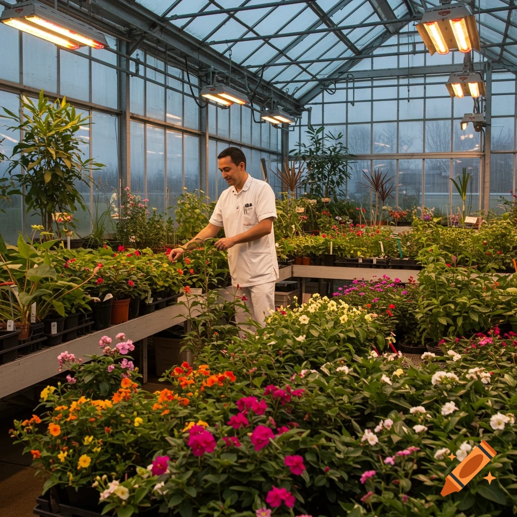 A man in a white uniform tends to plants and colorful flowers in a greenhouse.