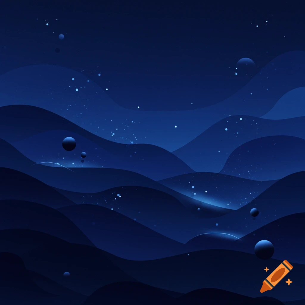 Abstract image of layered dark blue waves with white dots and dark spheres