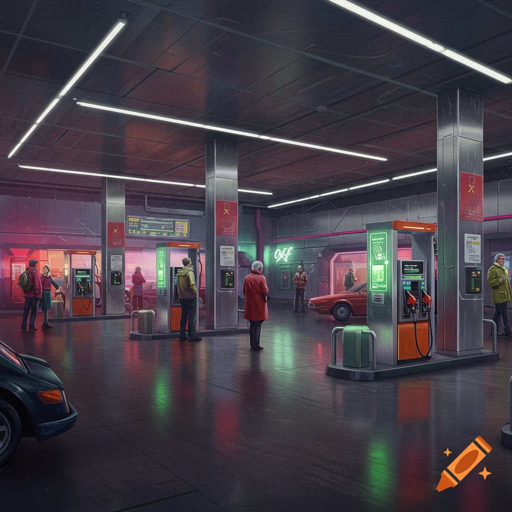 An indoor gas station with people and cars under neon lights.