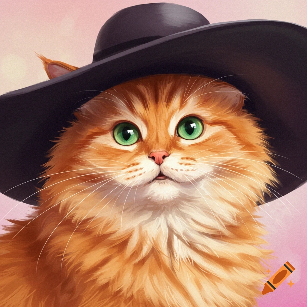 An orange cat wearing a black hat.