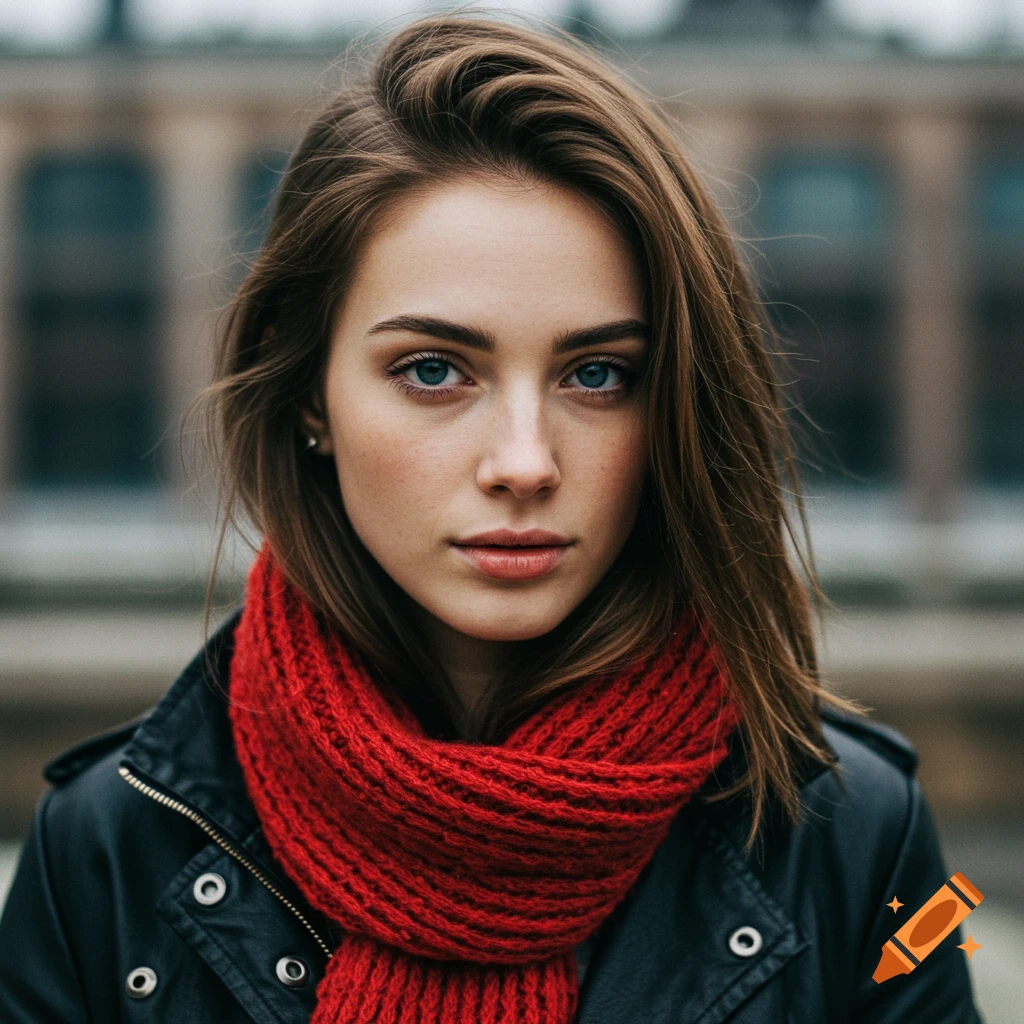 Close-up portrait of a young woman in a black jacket and red scarf looking at the camera.