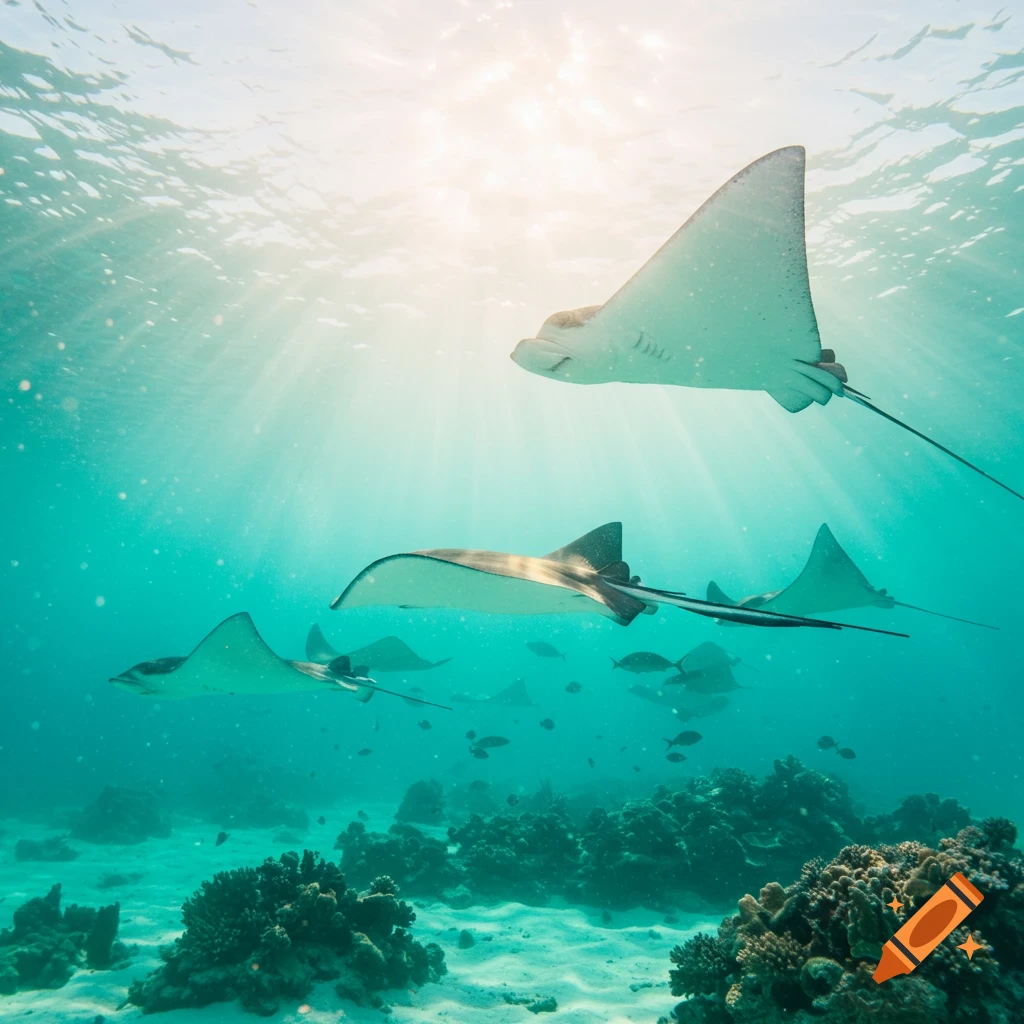 Stingrays swimming underwater with sun rays filtering down