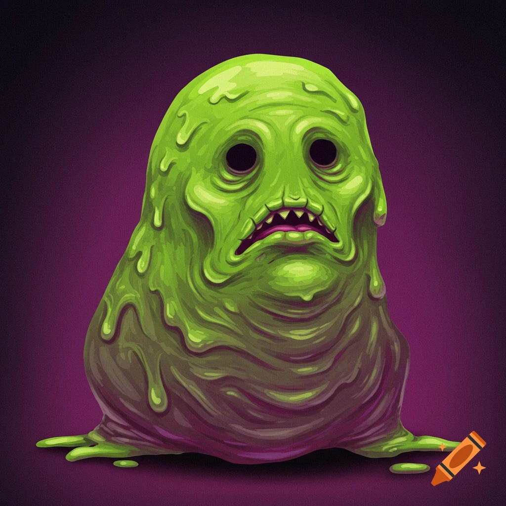 A sad green blob monster with dripping goo and small teeth.