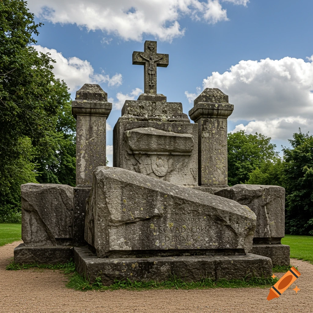 Stone monument with a crucifix and carved details in a park setting