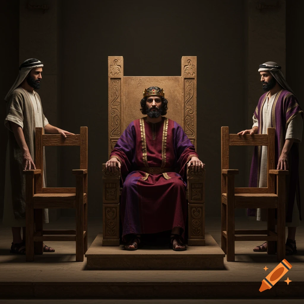 A king sits on a throne, flanked by two empty chairs and two men standing. Dramatic lighting in a historical setting.