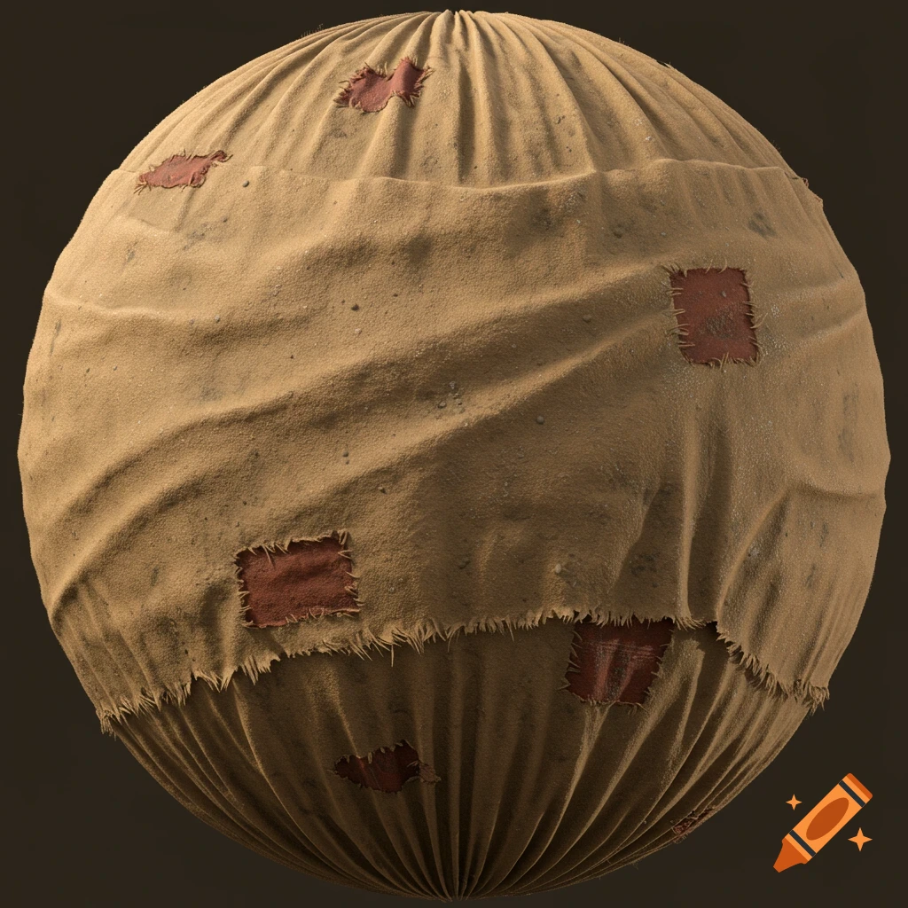 A sphere covered in wrinkled, dirty desert cloth patches.