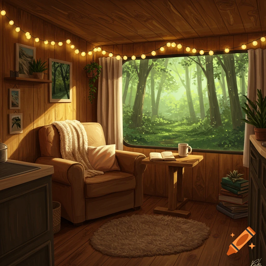 A cozy camper room with a chair, book, and string lights, looking out at a lush forest.
