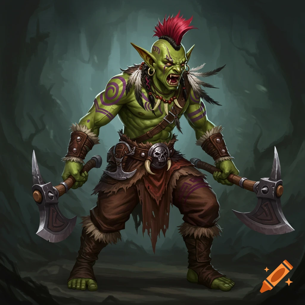 A green-skinned orc barbarian with a red mohawk, tribal markings, armor, and two hand axes.
