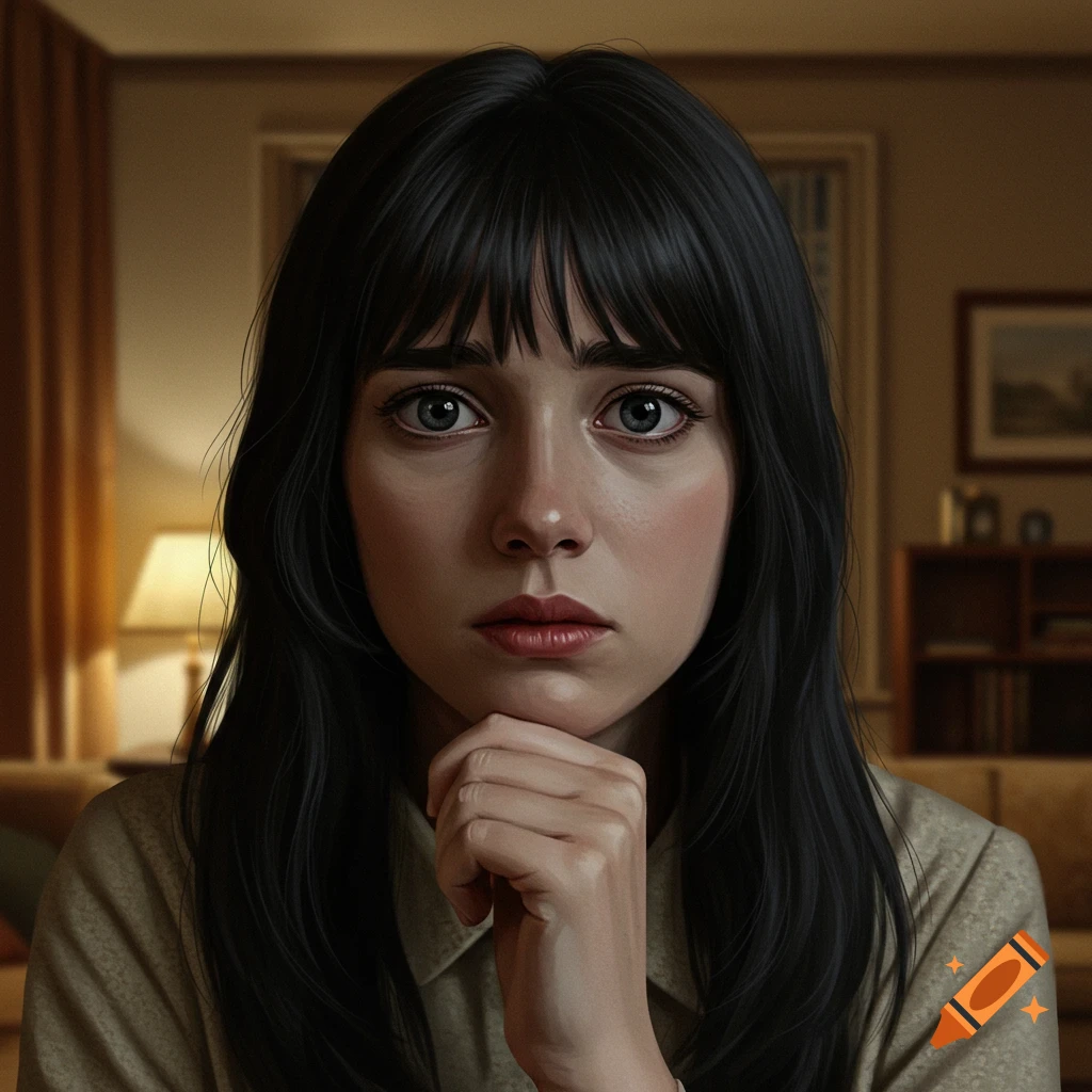 A realistic close-up portrait of a young woman with dark hair and blue eyes, resting her chin on her hand in a dimly lit room.
