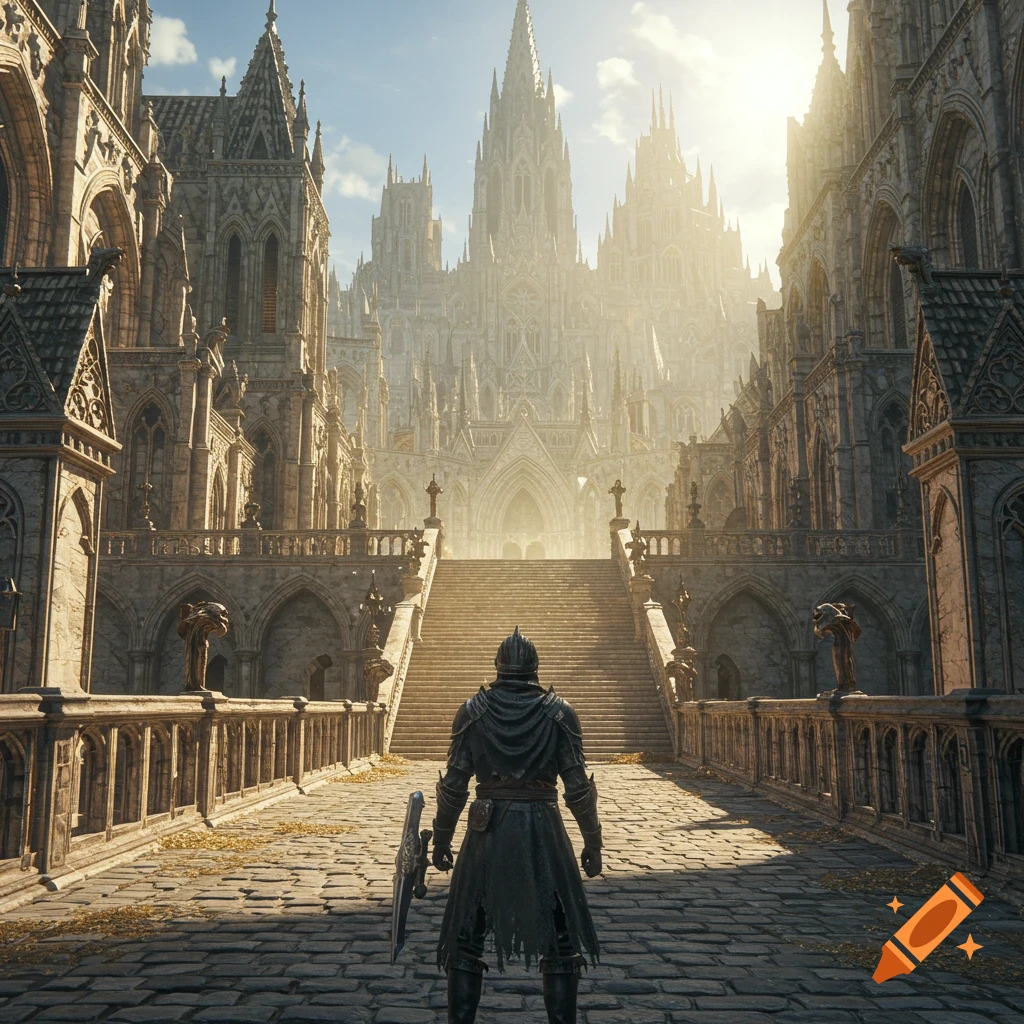 Person in dark armor at base of grand stairs leading to a vast, sunlit gothic cathedral. Photorealistic style.