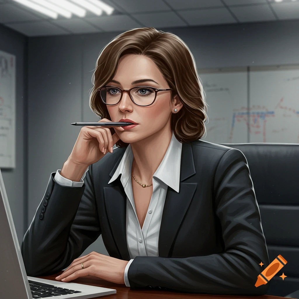 A thoughtful woman in a suit and glasses sits at a desk with a laptop, holding a pen.