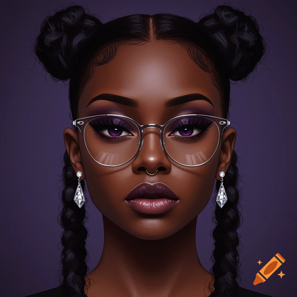 Digital portrait of a Black woman with space buns, braids, glasses, purple eyeshadow, and diamond earrings.