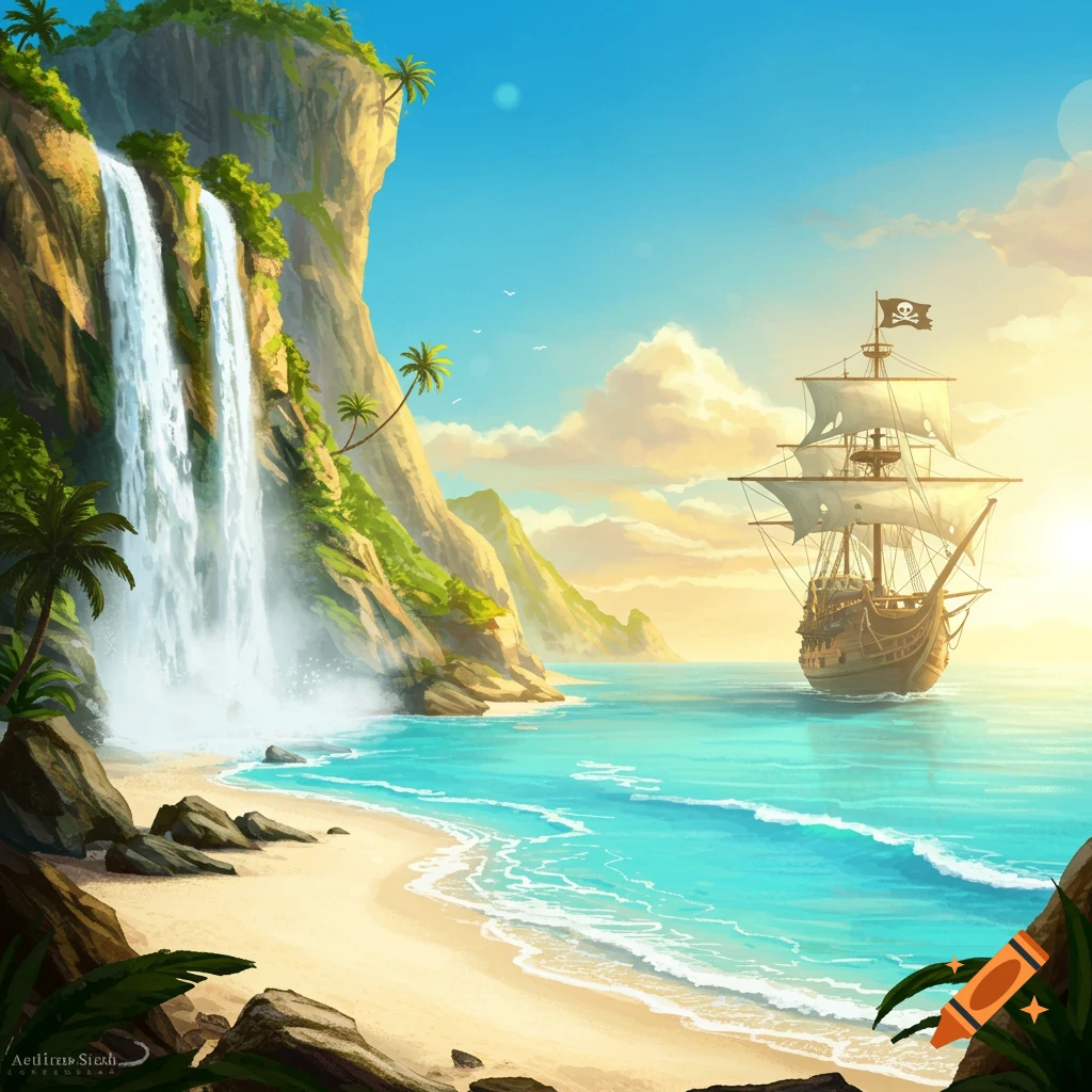 a pirate ship sailing near a tropical beach with a waterfall