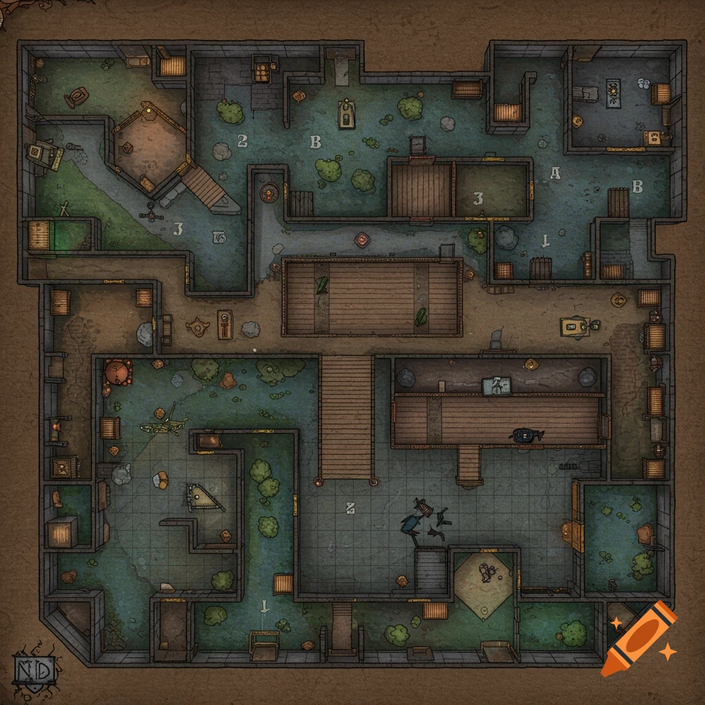 Top-down fantasy RPG map of a dungeon with rooms, hallways, and swampy areas