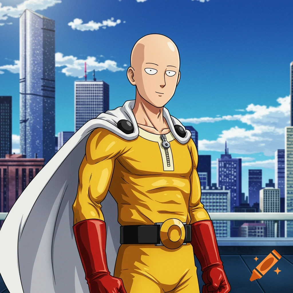 Saitama from One Punch Man stands on a balcony overlooking a cityscape in anime style.