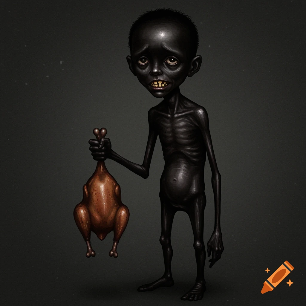 A gaunt, dark-skinned boy holds a cooked chicken against a dark background.