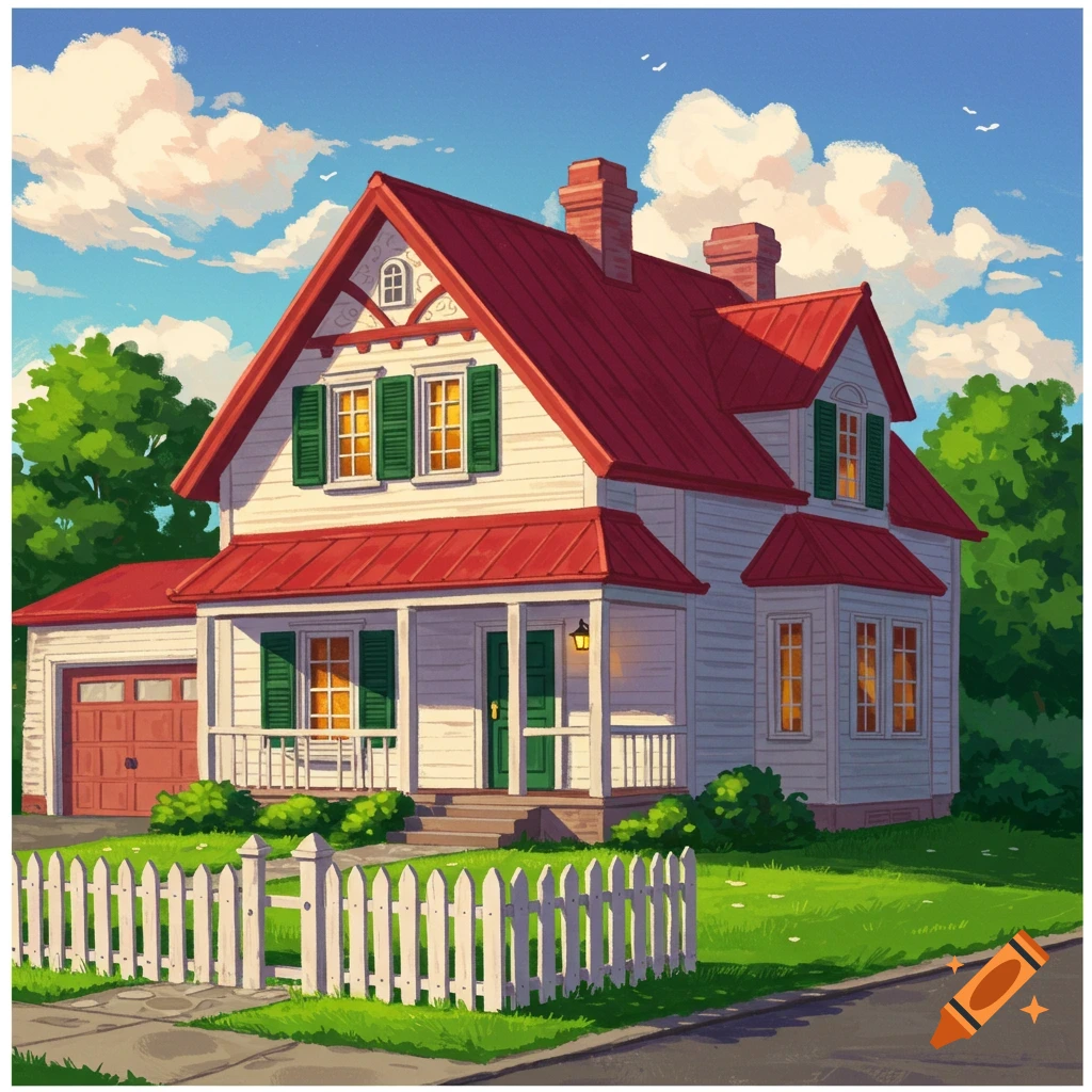 A white house with a red roof, green shutters, a front porch, and a white picket fence.