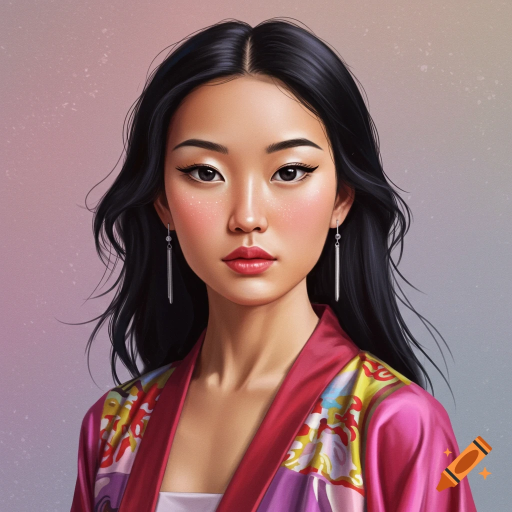 A portrait of a young woman with long black hair wearing a colorful patterned kimono.