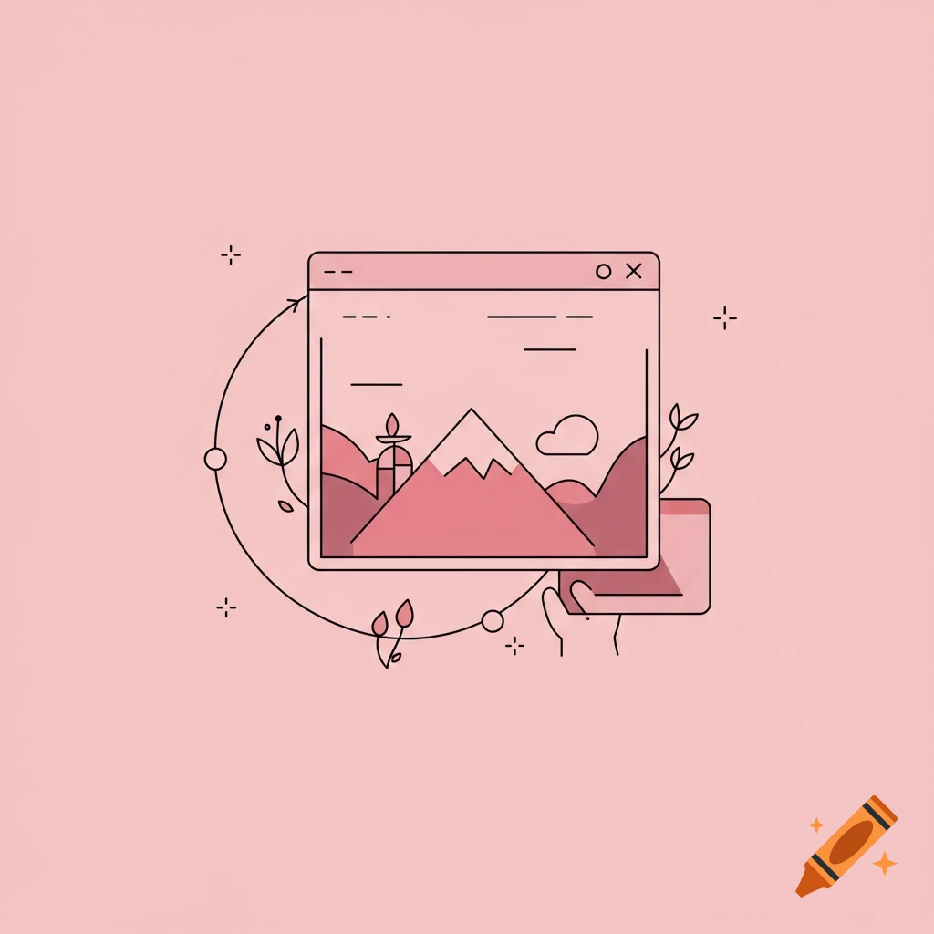 Minimal line art illustration of a hand holding a browser window displaying a landscape, suggesting web interaction.