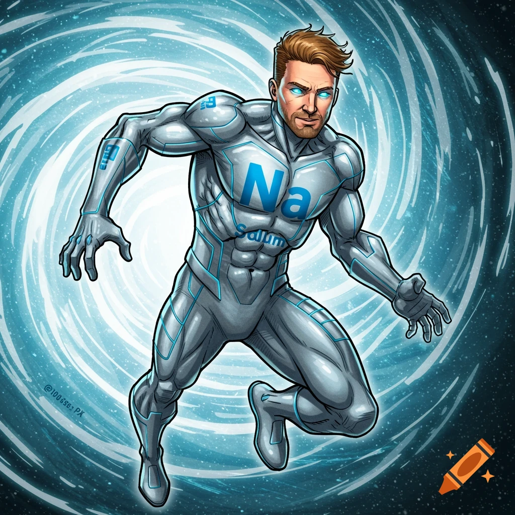Muscular male superhero in silver suit with blue accents and 'Na' on chest floats in a blue vortex in comic book style.