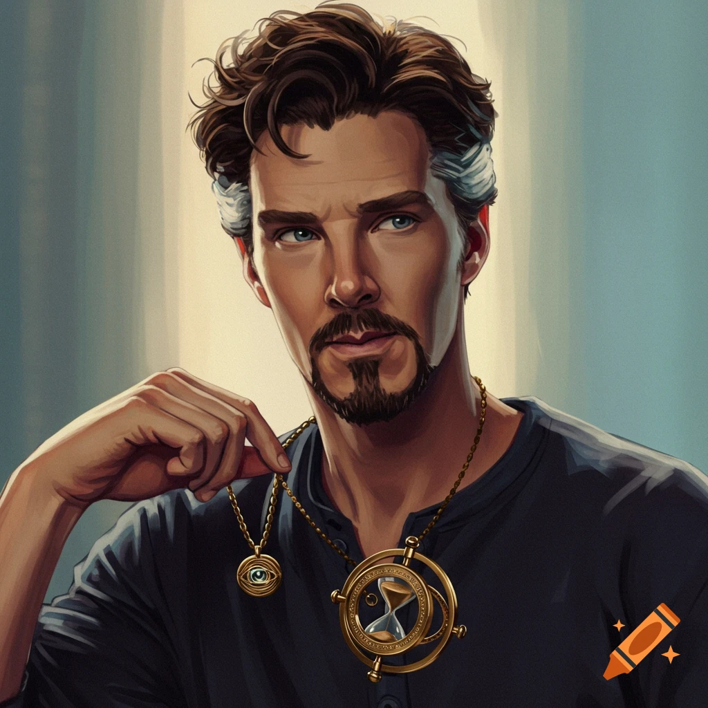 A man with a goatee is wearing Eye of Agamotto and Time-Turner necklaces.