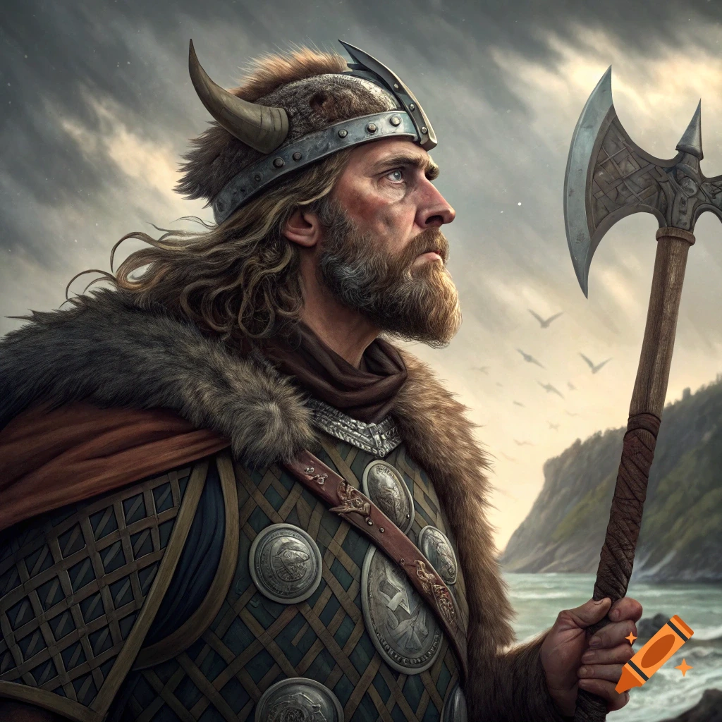 Portrait of a Viking warrior with a beard and horned helmet, holding an axe by the sea.