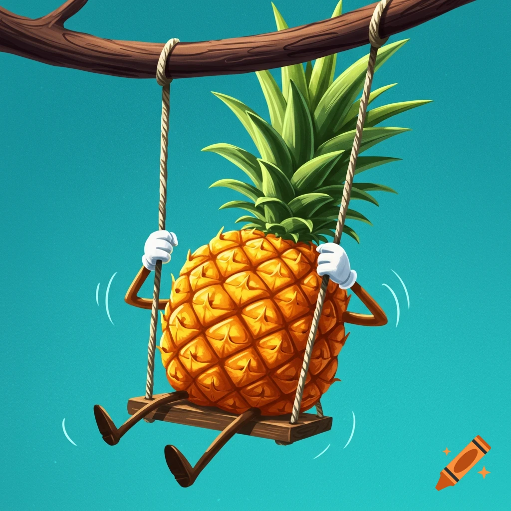A cartoon pineapple swings from a branch against a blue sky.