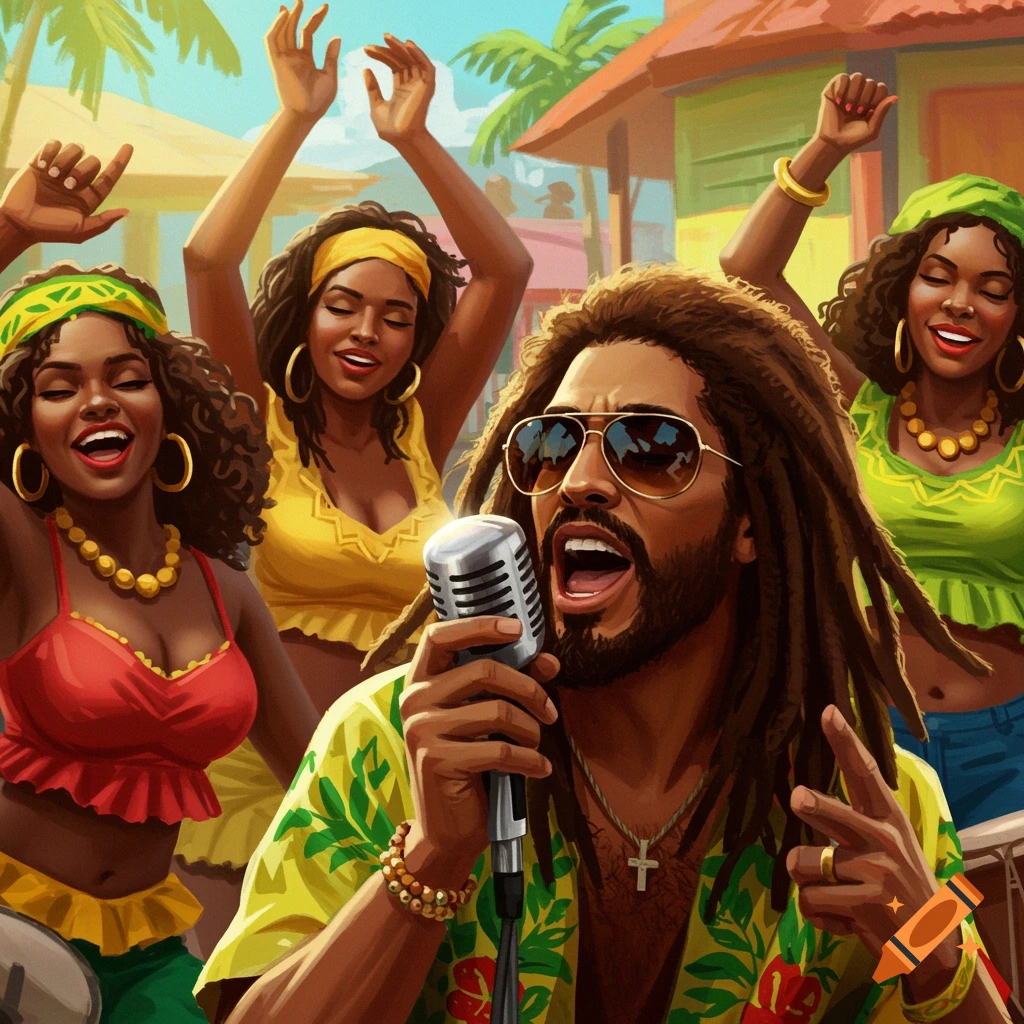 A Jamaican singer with dreadlocks sings into a microphone, surrounded by women dancing in a lively tropical street scene.
