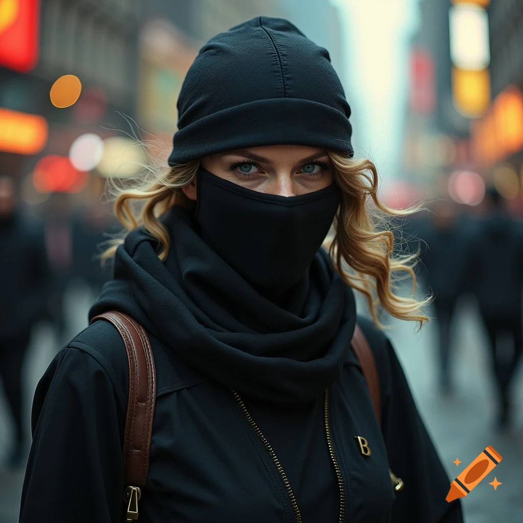Urban portrait of a person in black beanie and mask