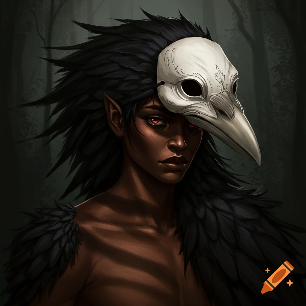 A dark-skinned fantasy character with pointed ears and red eyes, wearing a white crow skull mask and feathers.