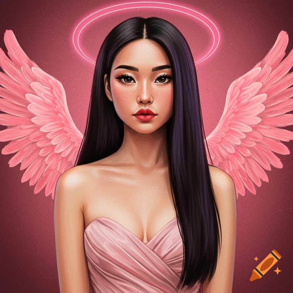 An Asian woman with pink wings and a halo, wearing a pink strapless dress.