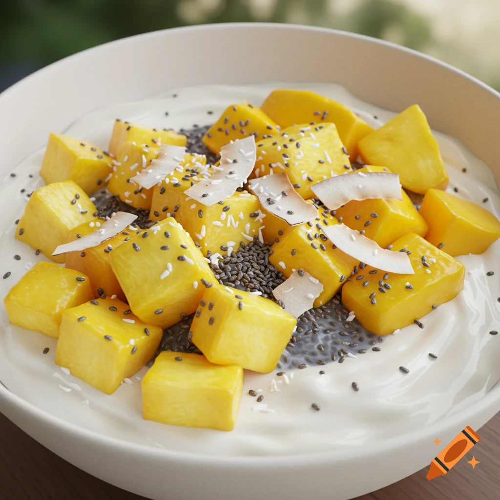 A close-up, photorealistic image of a yogurt bowl topped with diced mango, chia seeds, and shredded coconut.