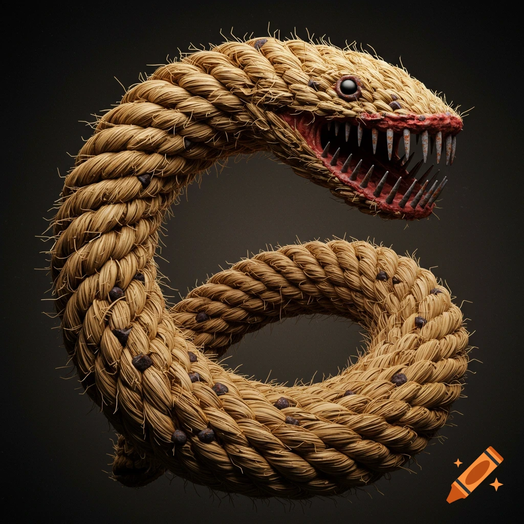 A snake-like creature made of thick straw rope, with a mouth full of sharp nails and teeth.