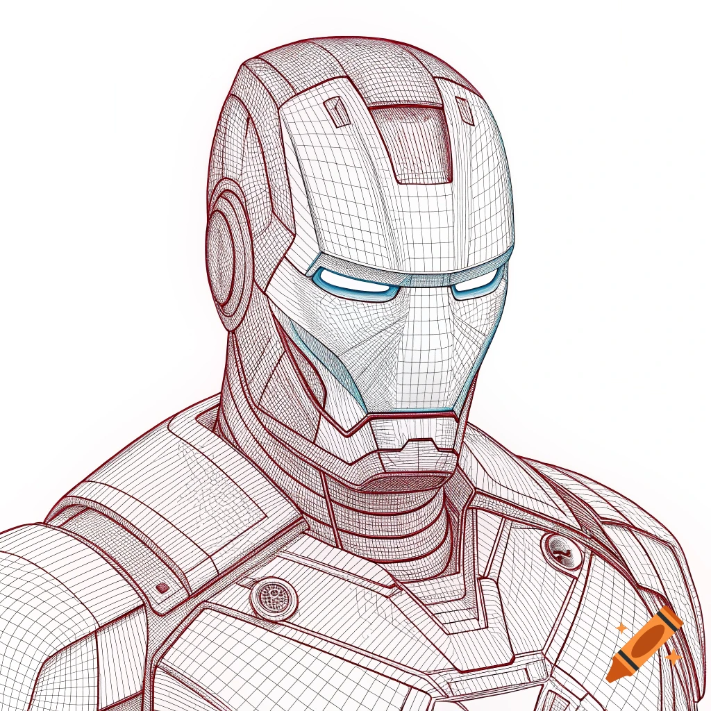 Wireframe drawing of Iron Man's head and shoulders with glowing blue eyes.
